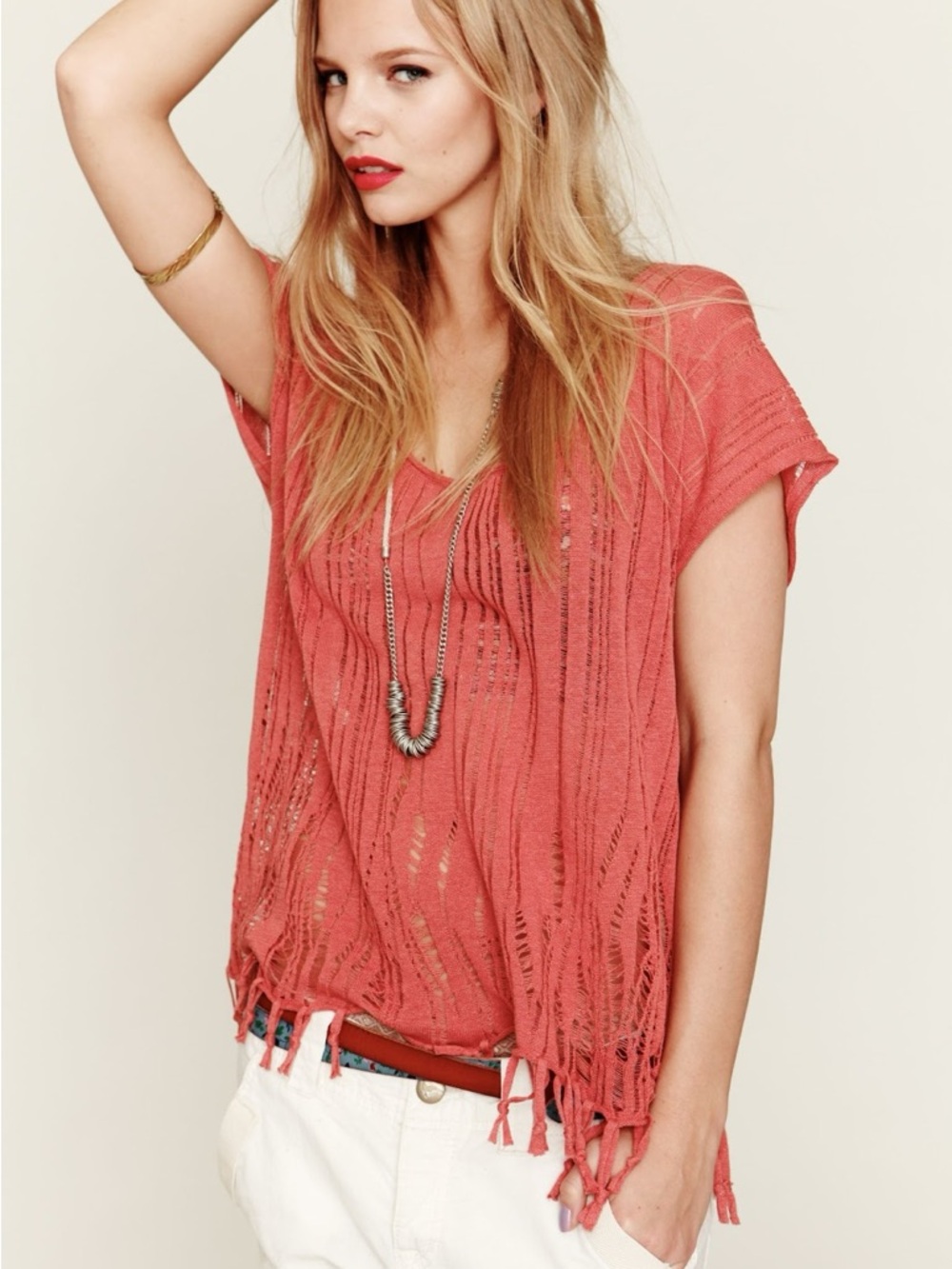 Free People Coral Distressed Fringe Knit Top | Boho Sweater | XS (Oversized Fit)